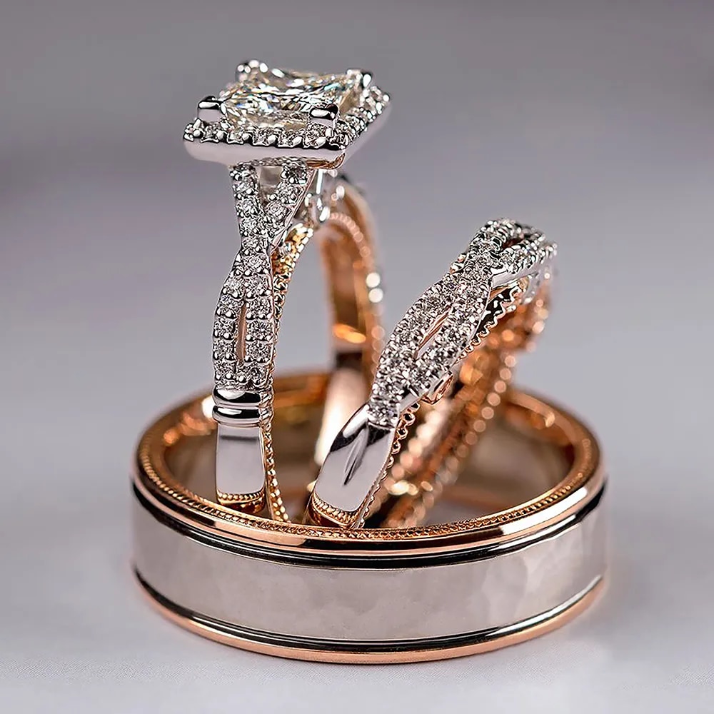 Elegant Wedding Rings Set with Cubic Zirconia   Luxury Princess
